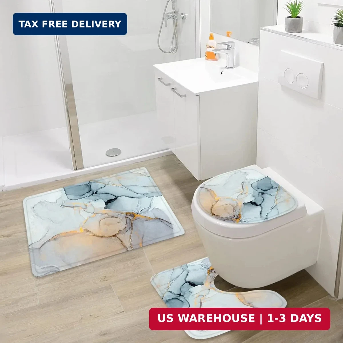 Gibelle 4 Pcs Bathroom Shower Curtain Set with Non-Slip Rugs, Toilet Lid Cover a
