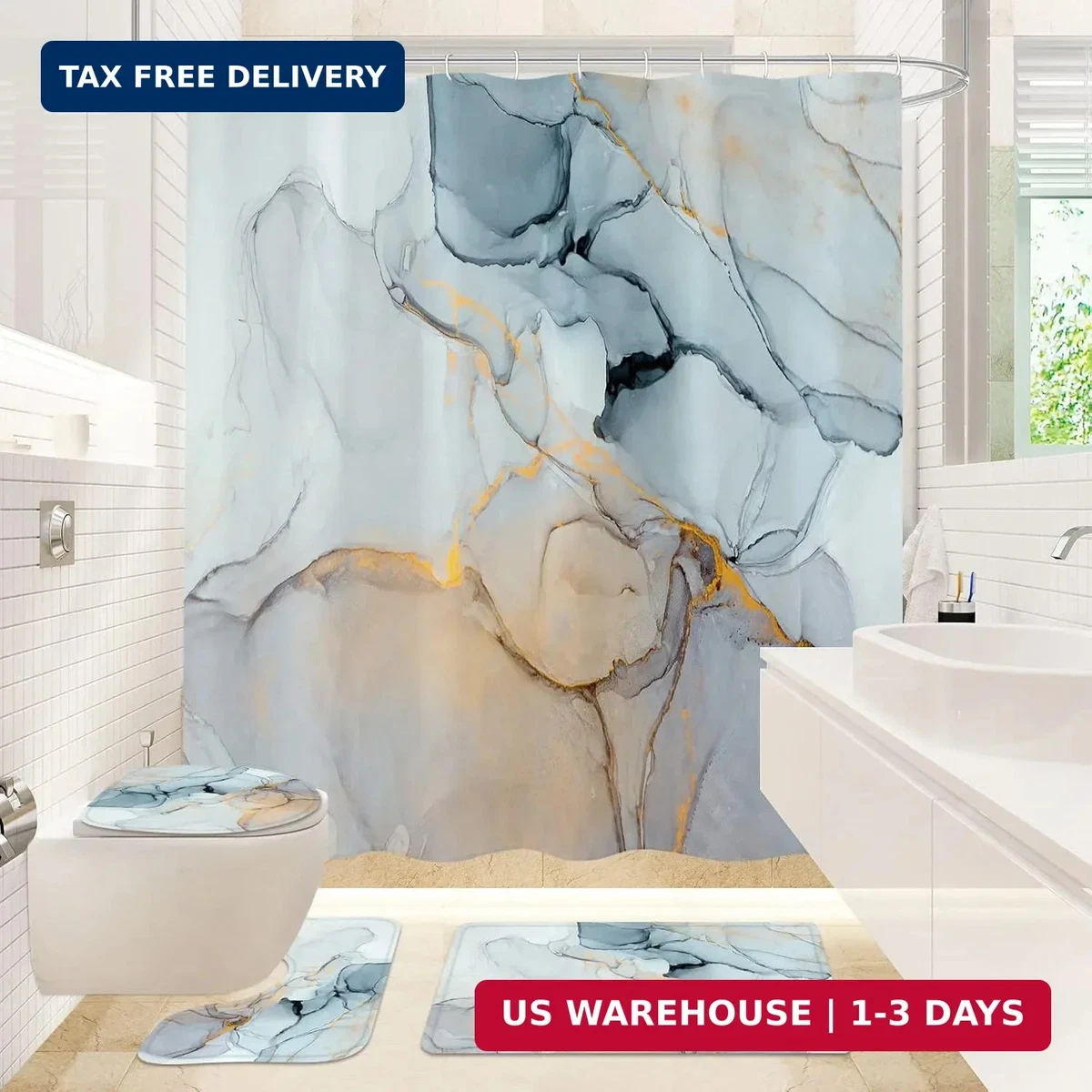 Gibelle 4 Pcs Bathroom Shower Curtain Set with Non-Slip Rugs, Toilet Lid Cover a