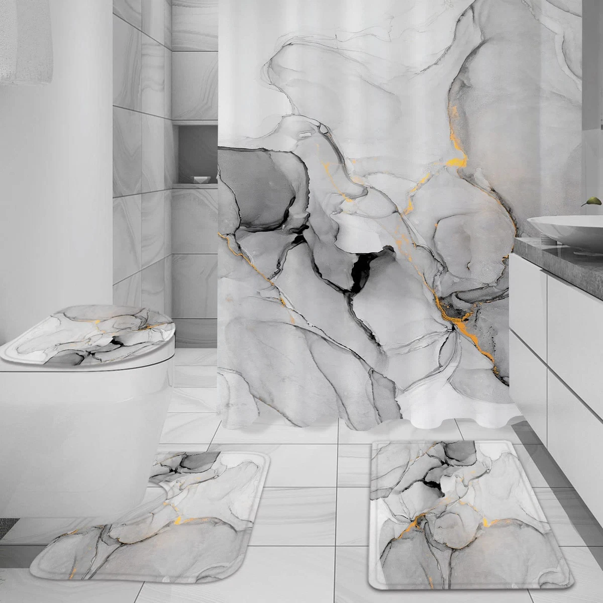 Gibelle 4 Pcs Bathroom Shower Curtain Set with Non-Slip Rugs, Toilet Lid Cover
