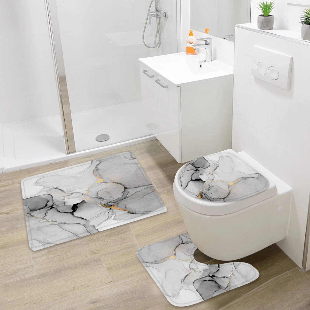 Gibelle 4 Pcs Bathroom Shower Curtain Set with Non-Slip Rugs, Toilet Lid Cover