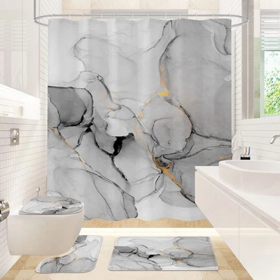 Gibelle 4 Pcs Bathroom Shower Curtain Set with Non-Slip Rugs, Toilet Lid Cover