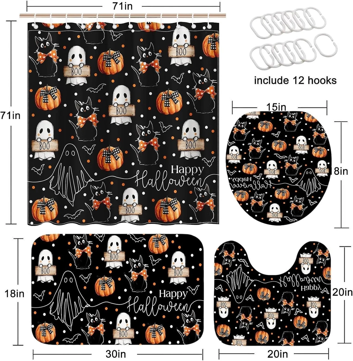 Halloween Shower Curtain Set 4PCS Ghost Cat Pumpkin Bath Mat Toilet Cover