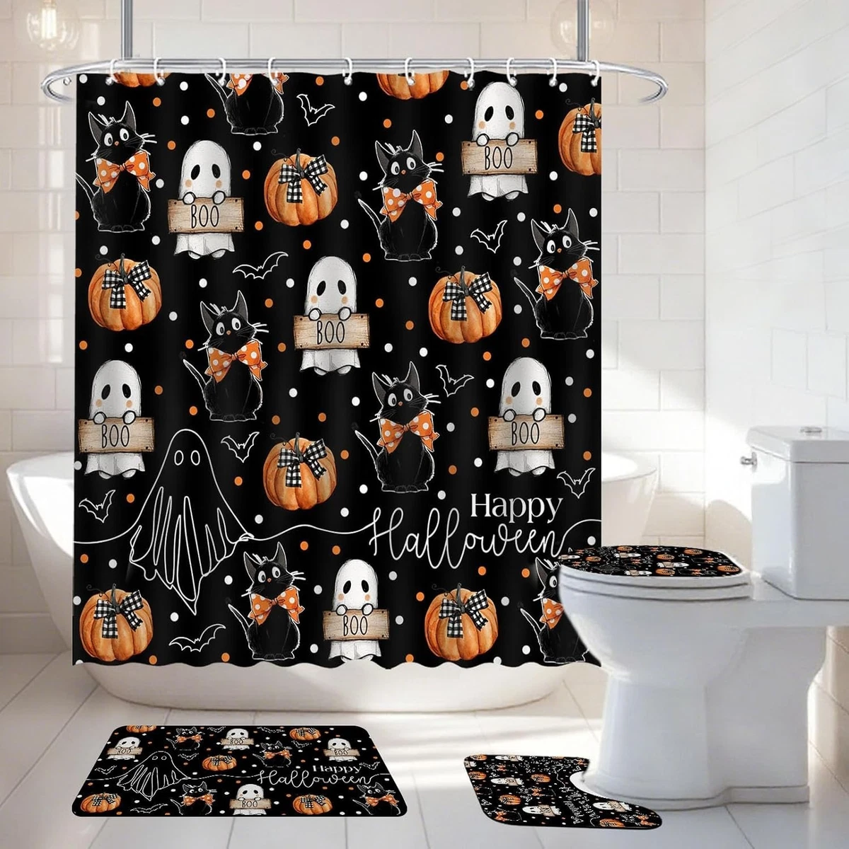 Halloween Shower Curtain Set 4PCS Ghost Cat Pumpkin Bath Mat Toilet Cover