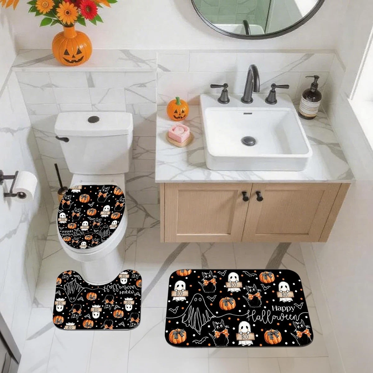 Halloween Shower Curtain Set 4PCS Ghost Cat Pumpkin Bath Mat Toilet Cover