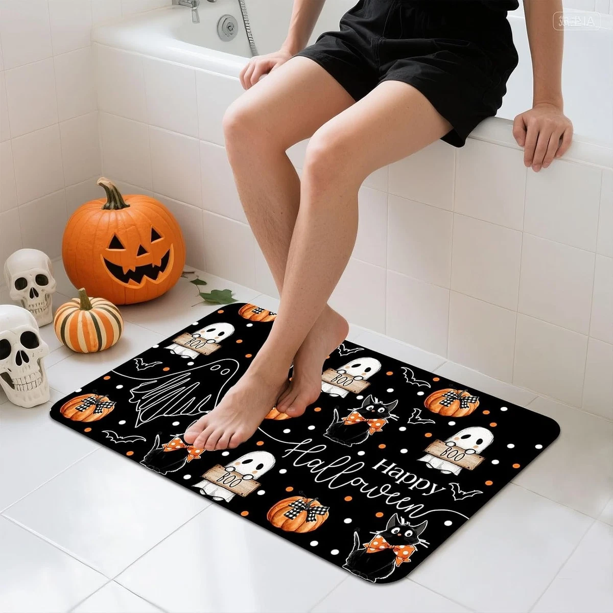 Halloween Shower Curtain Set 4PCS Ghost Cat Pumpkin Bath Mat Toilet Cover