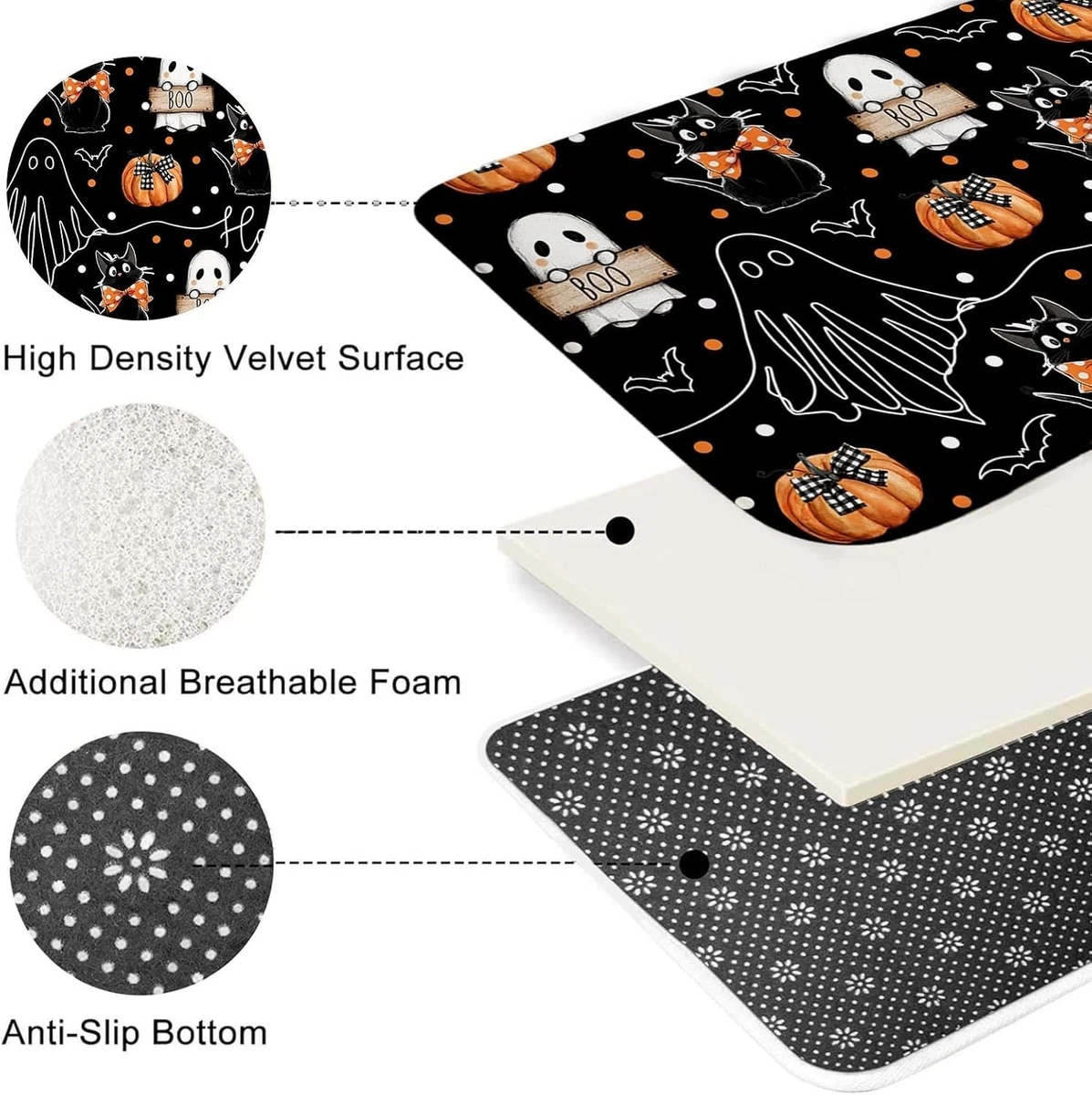 Halloween Shower Curtain Set 4PCS Ghost Cat Pumpkin Bath Mat Toilet Cover