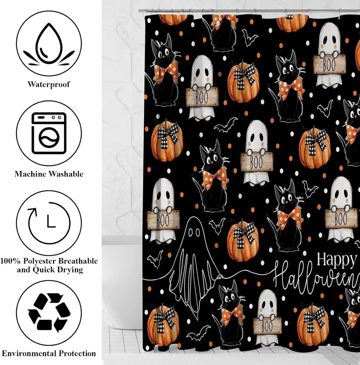 Halloween Shower Curtain Set 4PCS Ghost Cat Pumpkin Bath Mat Toilet Cover