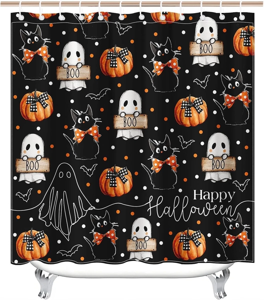 Halloween Shower Curtain Set 4PCS Ghost Cat Pumpkin Bath Mat Toilet Cover