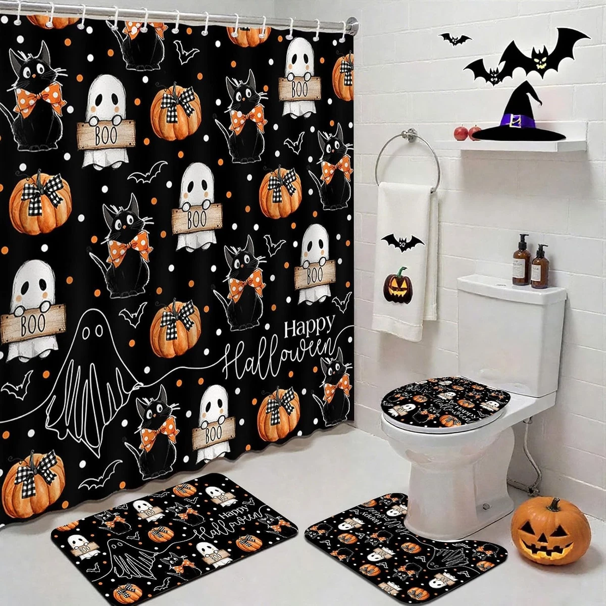 Halloween Shower Curtain Set 4PCS Ghost Cat Pumpkin Bath Mat Toilet Cover