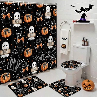 Halloween Shower Curtain Set 4PCS Ghost Cat Pumpkin Bath Mat Toilet Cover