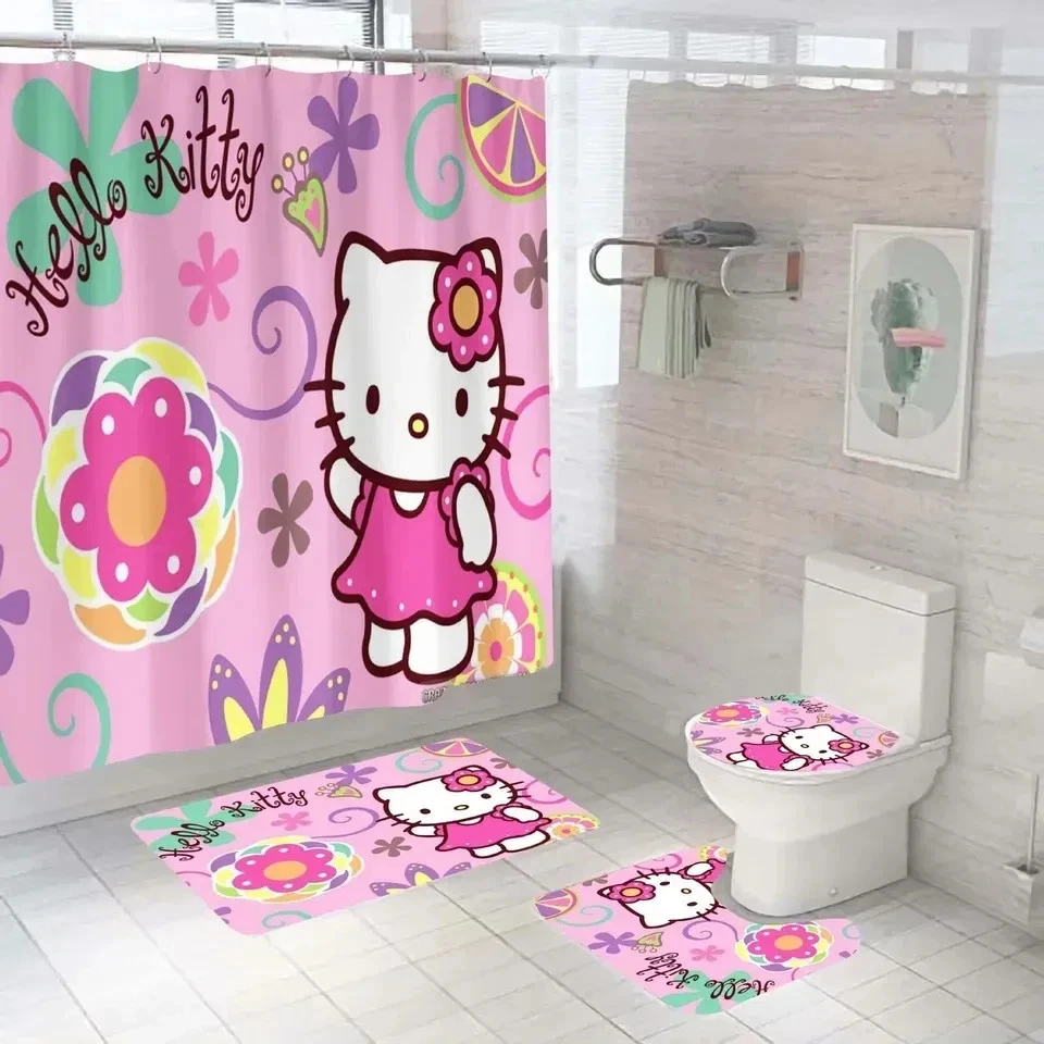 Hello Kitty Bathroom Shower Curtain Set, 4PCS Bathroom Rugs Toilet Cover