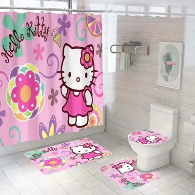 Hello Kitty Bathroom Shower Curtain Set, 4PCS Bathroom Rugs Toilet Cover