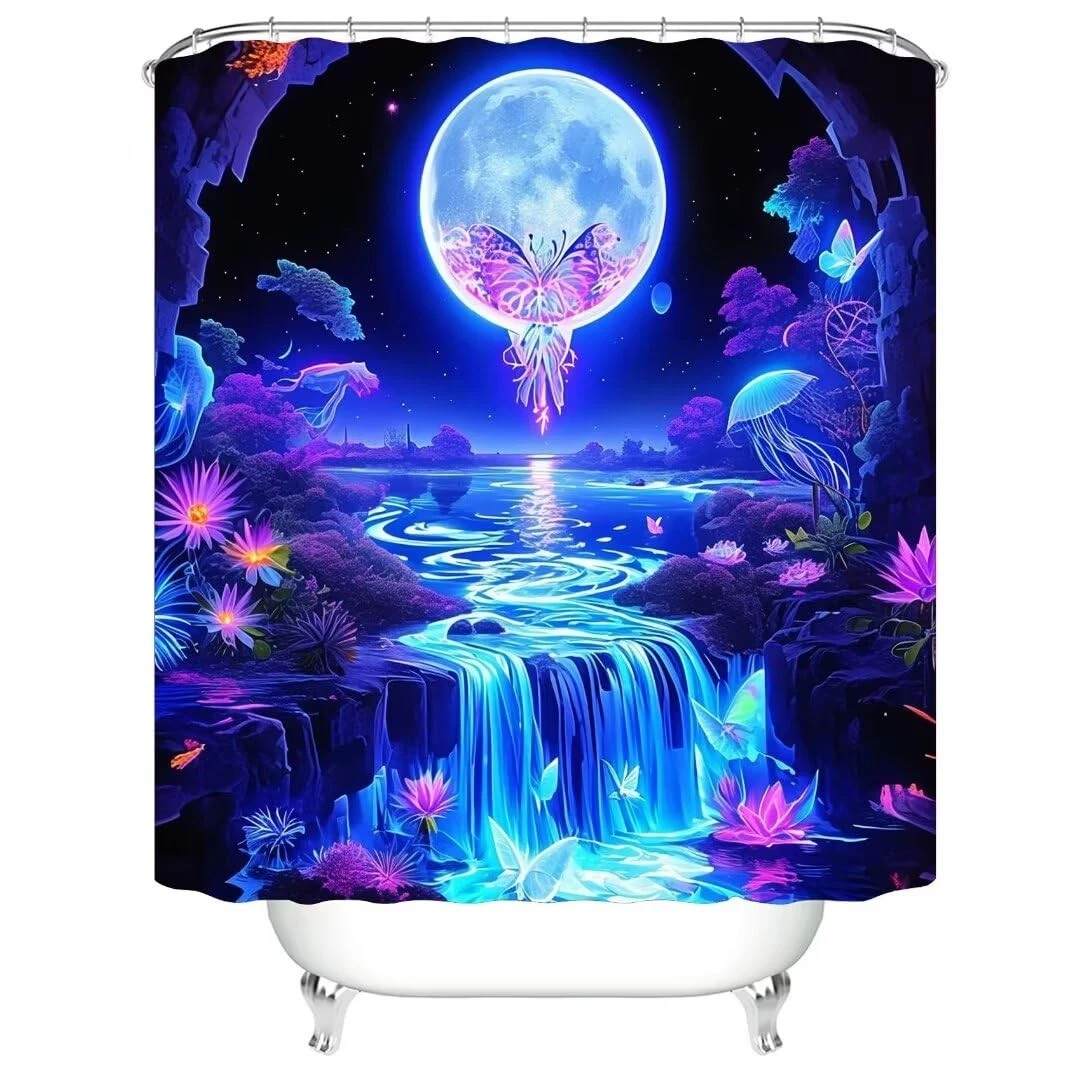 jieprom 4PCS Butterfly Moon Shower Curtain Set with Rugs Toilet Lid Cover Bath