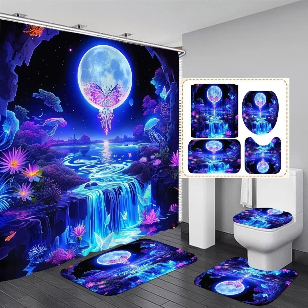jieprom 4PCS Butterfly Moon Shower Curtain Set with Rugs Toilet Lid Cover Bath