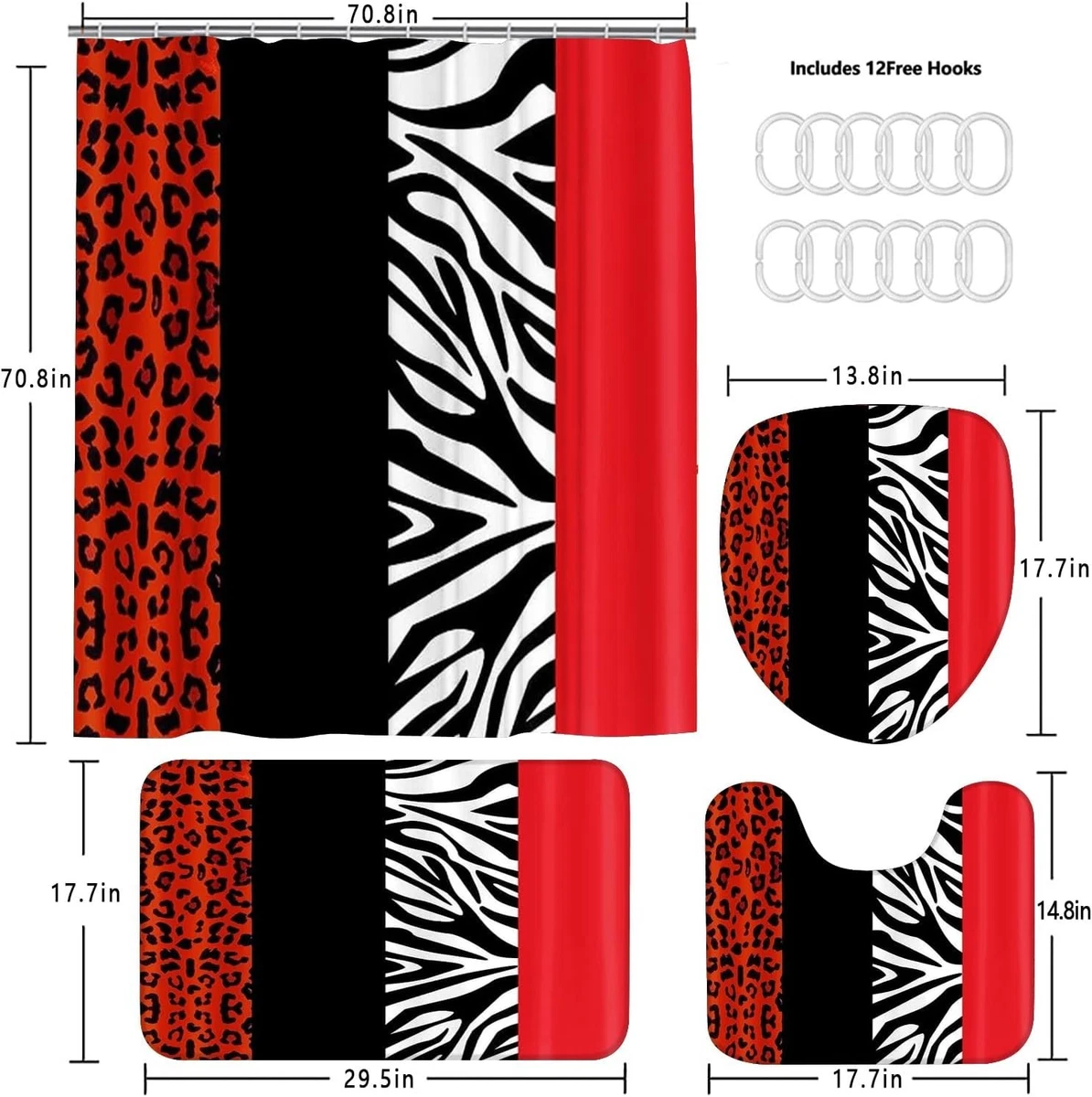 Jieprom 4PCS Leopard Print Shower Curtain Set with Rug, Toilet Lid Cover and Bat