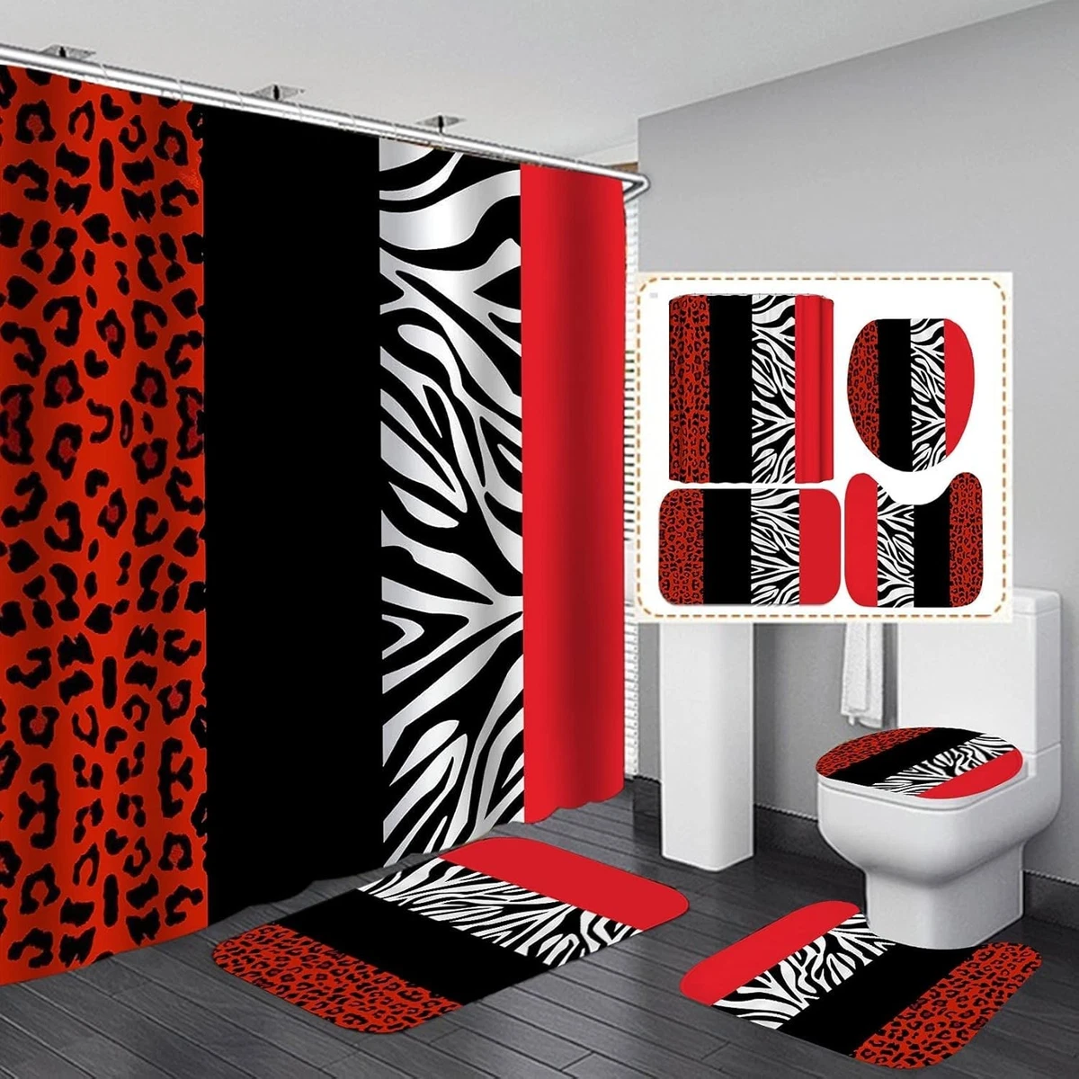 Jieprom 4PCS Leopard Print Shower Curtain Set with Rug, Toilet Lid Cover and Bat