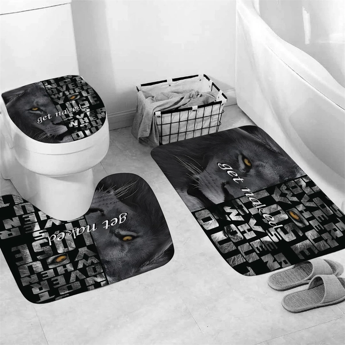 Jieprom 4PCS Lion Inspirational Shower Curtain Set w/ Rugs, Toilet Lid Cover