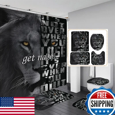 Jieprom 4PCS Lion Inspirational Shower Curtain Set w/ Rugs, Toilet Lid Cover