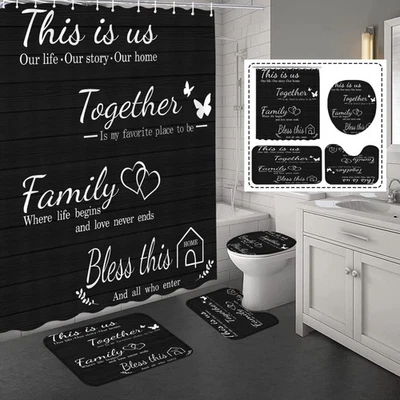 Juwute 4Pcs Family Shower Curtain Sets with Non-Slip Rugs, Toilet Lid Cover and 