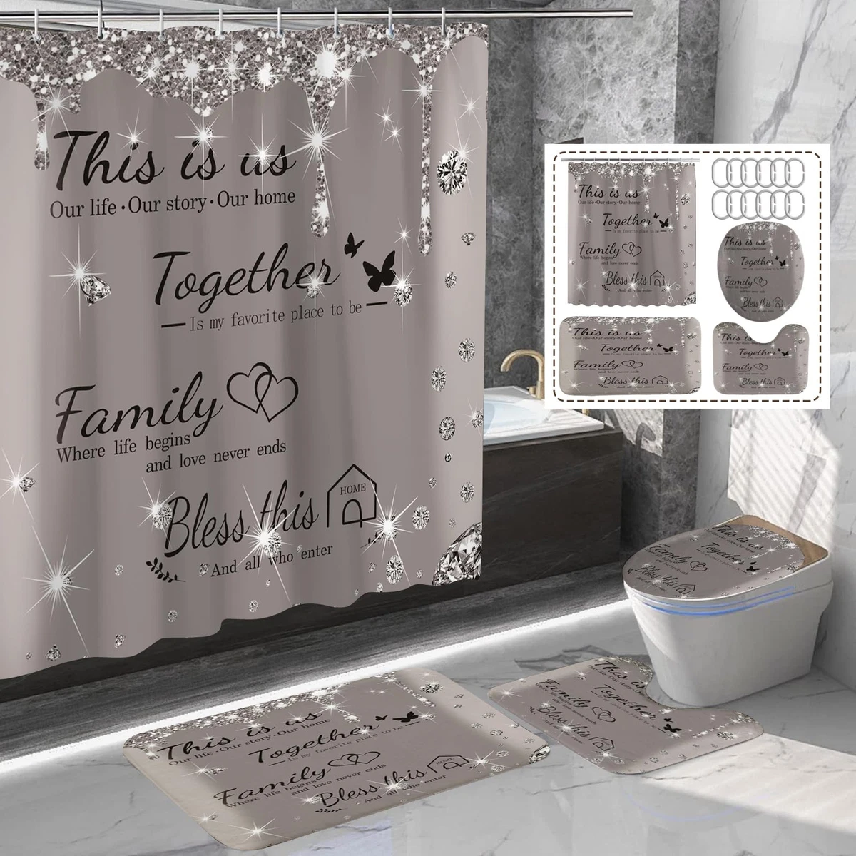 juwute 4Pcs Family Shower Curtain Sets with NonSlip Rugs, Toilet Lid Cover an...