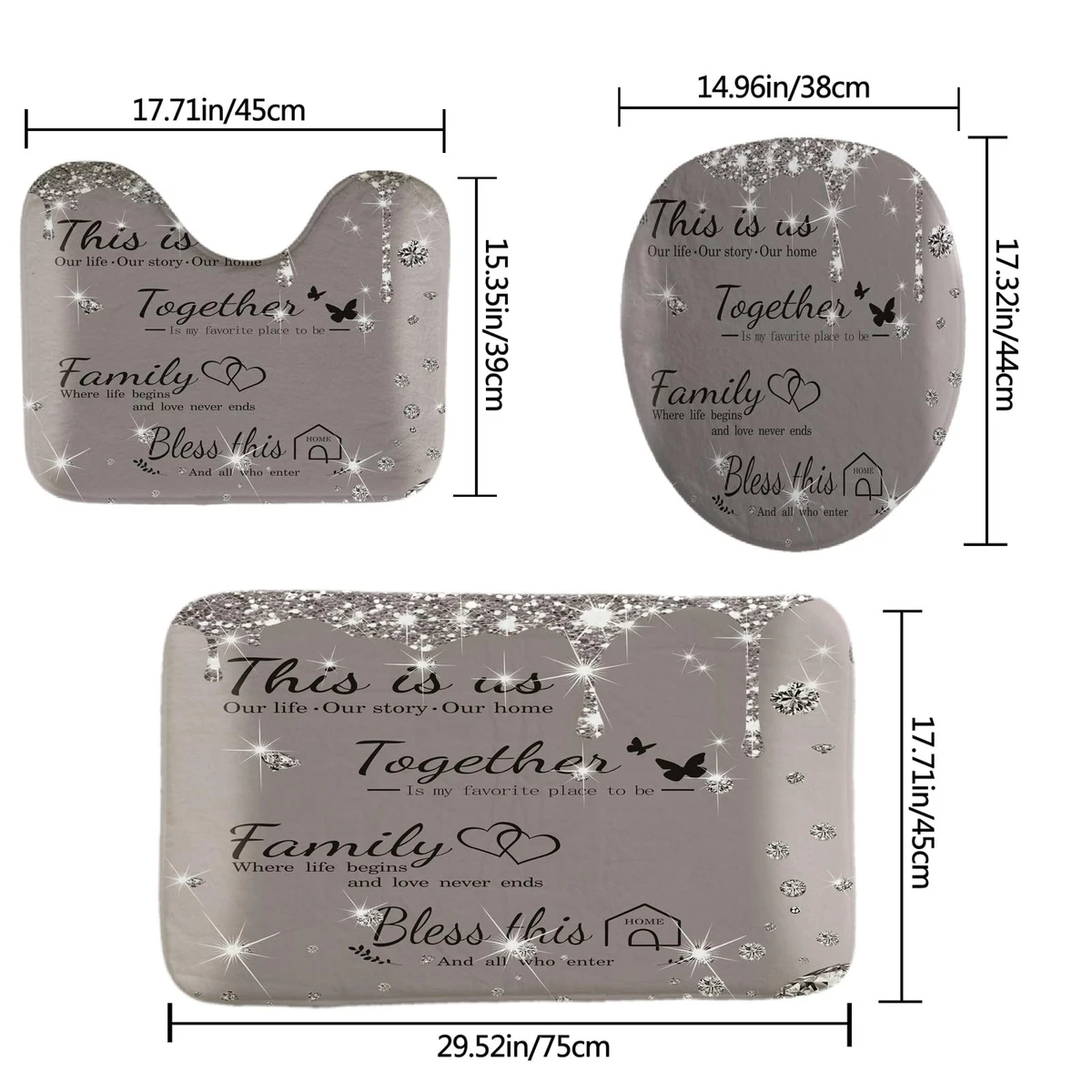 juwute 4Pcs Family Shower Curtain Sets with NonSlip Rugs, Toilet Lid Cover an...