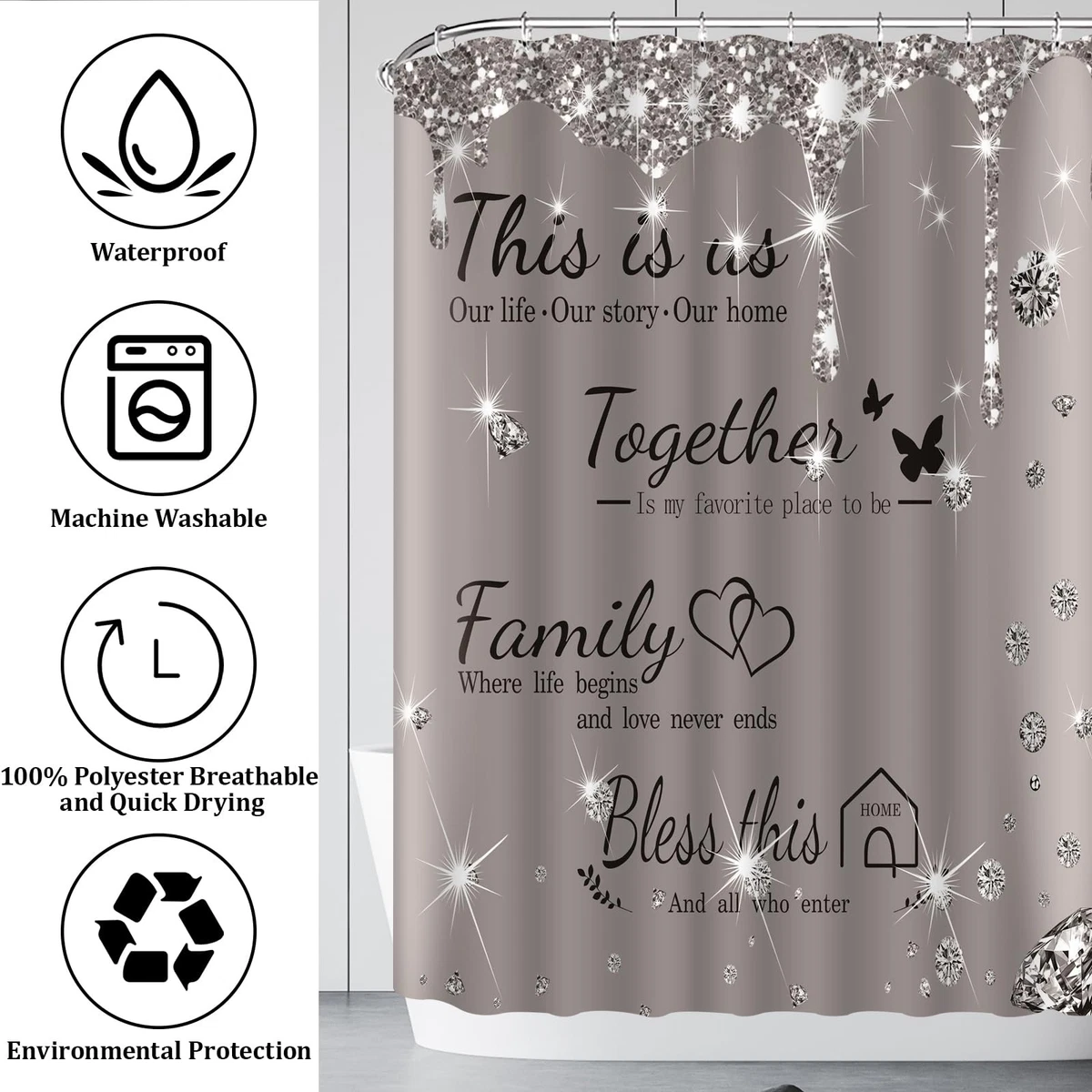 juwute 4Pcs Family Shower Curtain Sets with NonSlip Rugs, Toilet Lid Cover an...