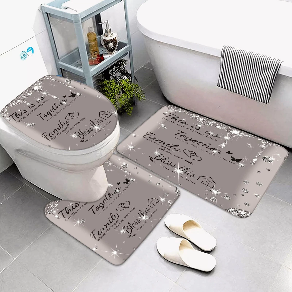 juwute 4Pcs Family Shower Curtain Sets with NonSlip Rugs, Toilet Lid Cover an...