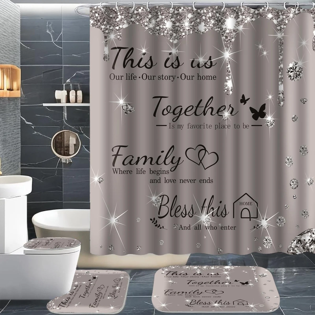 juwute 4Pcs Family Shower Curtain Sets with NonSlip Rugs, Toilet Lid Cover an...