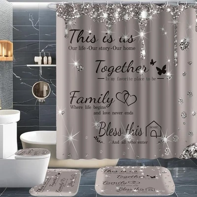 juwute 4Pcs Family Shower Curtain Sets with NonSlip Rugs, Toilet Lid Cover an...