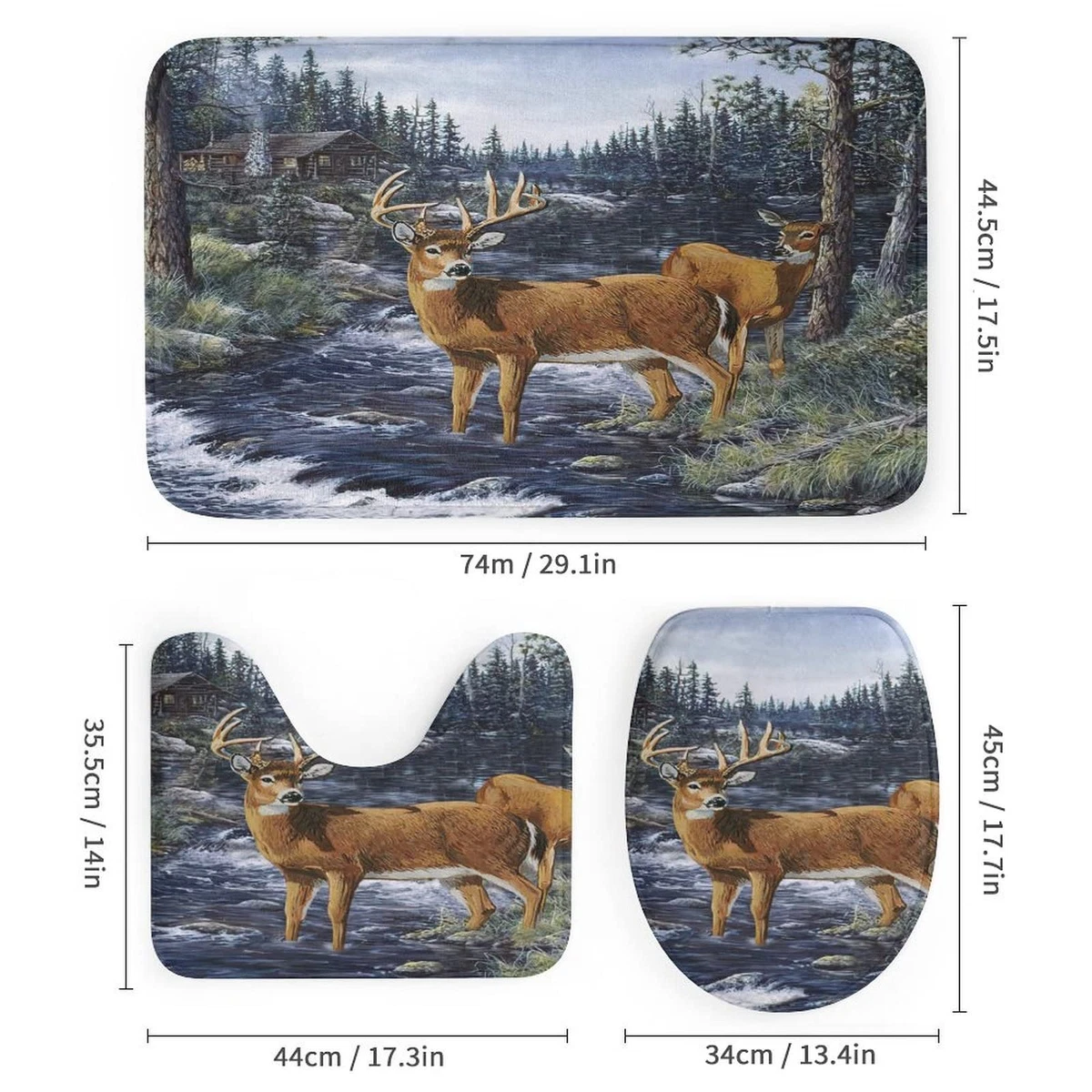 Kazynee 4 Piece Shower Curtain Set Cabin Wildlife with Rugs Toilet Lid Cover