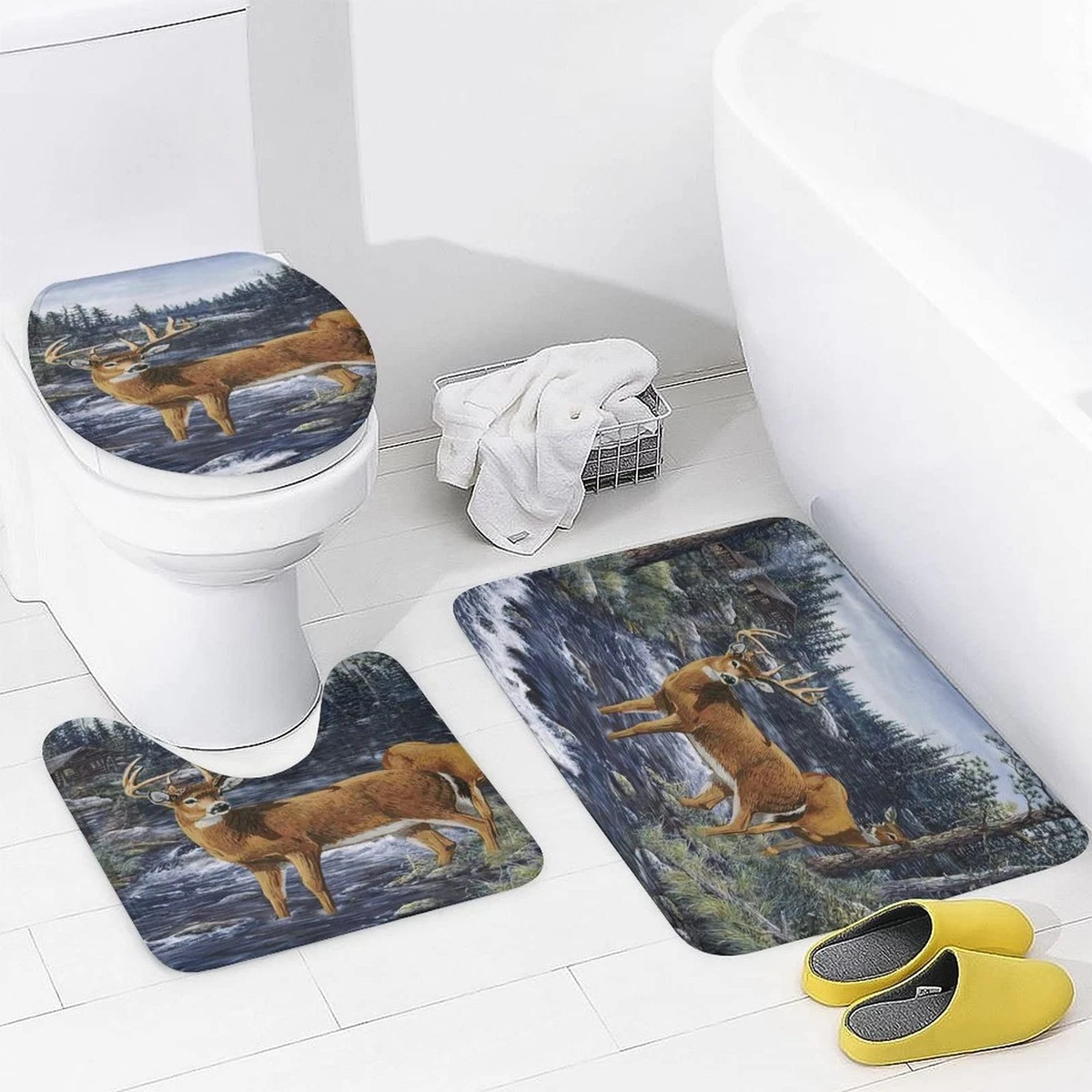 Kazynee 4 Piece Shower Curtain Set Cabin Wildlife with Rugs Toilet Lid Cover