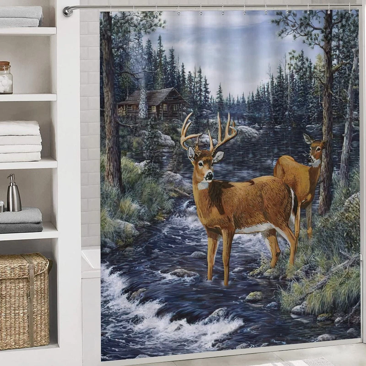 Kazynee 4 Piece Shower Curtain Set Cabin Wildlife with Rugs Toilet Lid Cover