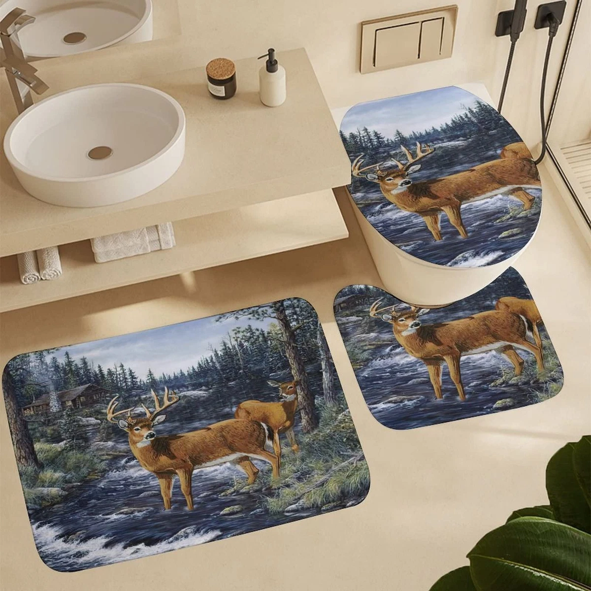 Kazynee 4 Piece Shower Curtain Set Cabin Wildlife with Rugs Toilet Lid Cover