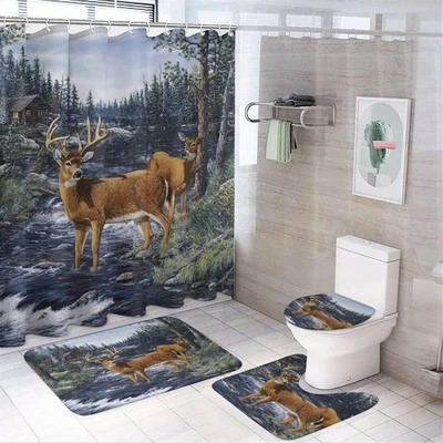 Kazynee 4 Piece Shower Curtain Set Cabin Wildlife with Rugs Toilet Lid Cover