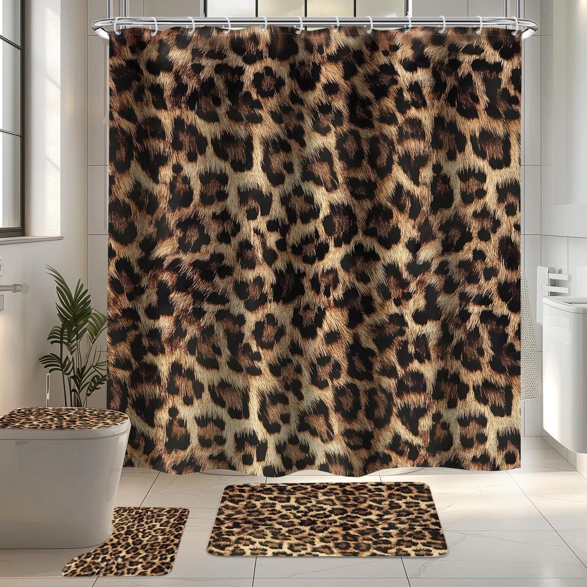 Leopard Print Shower Curtain Set 4 PCS, 72"x72", Toilet Lid Cover, Non-Slip Rugs