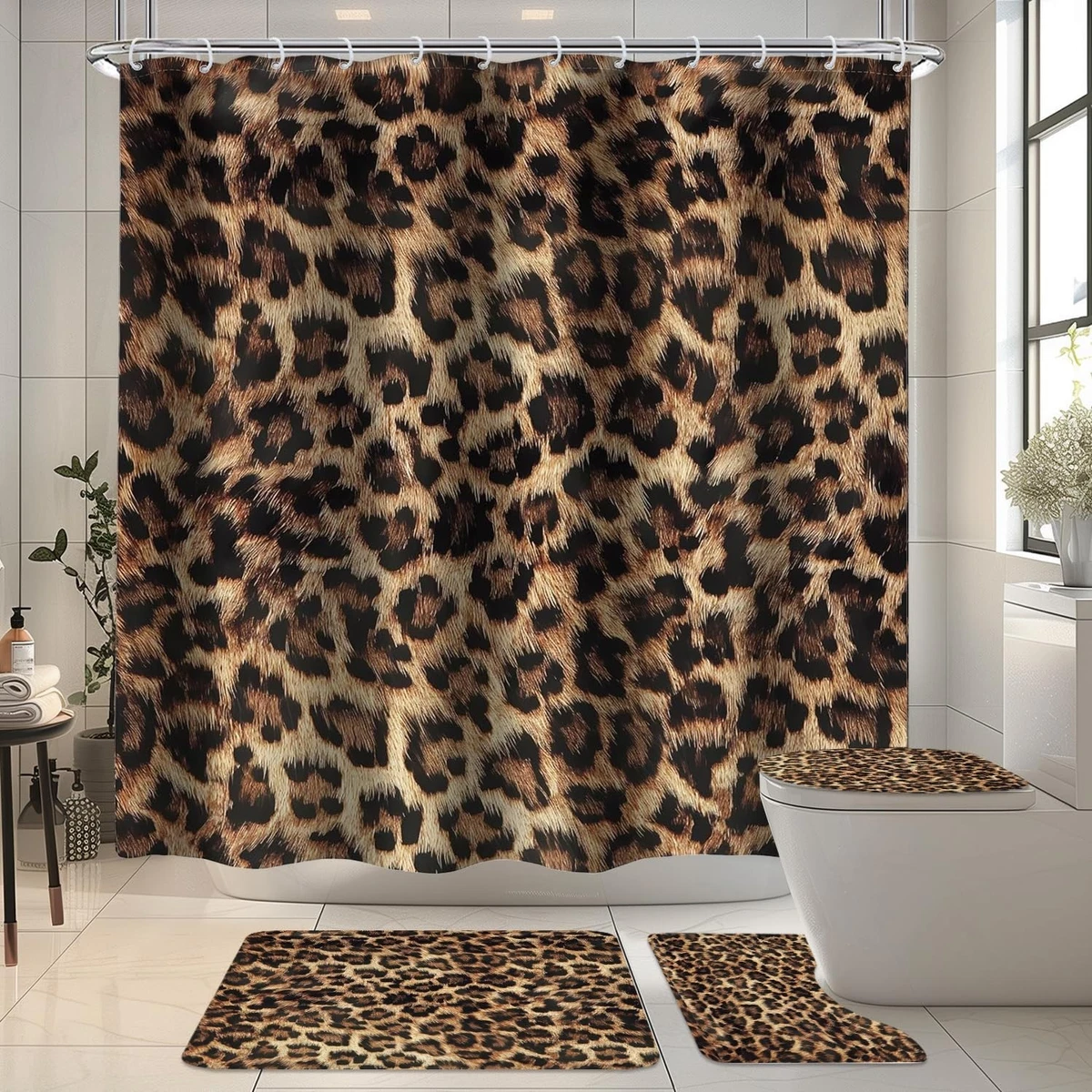 Leopard Print Shower Curtain Set 4 PCS, 72"x72", Toilet Lid Cover, Non-Slip Rugs