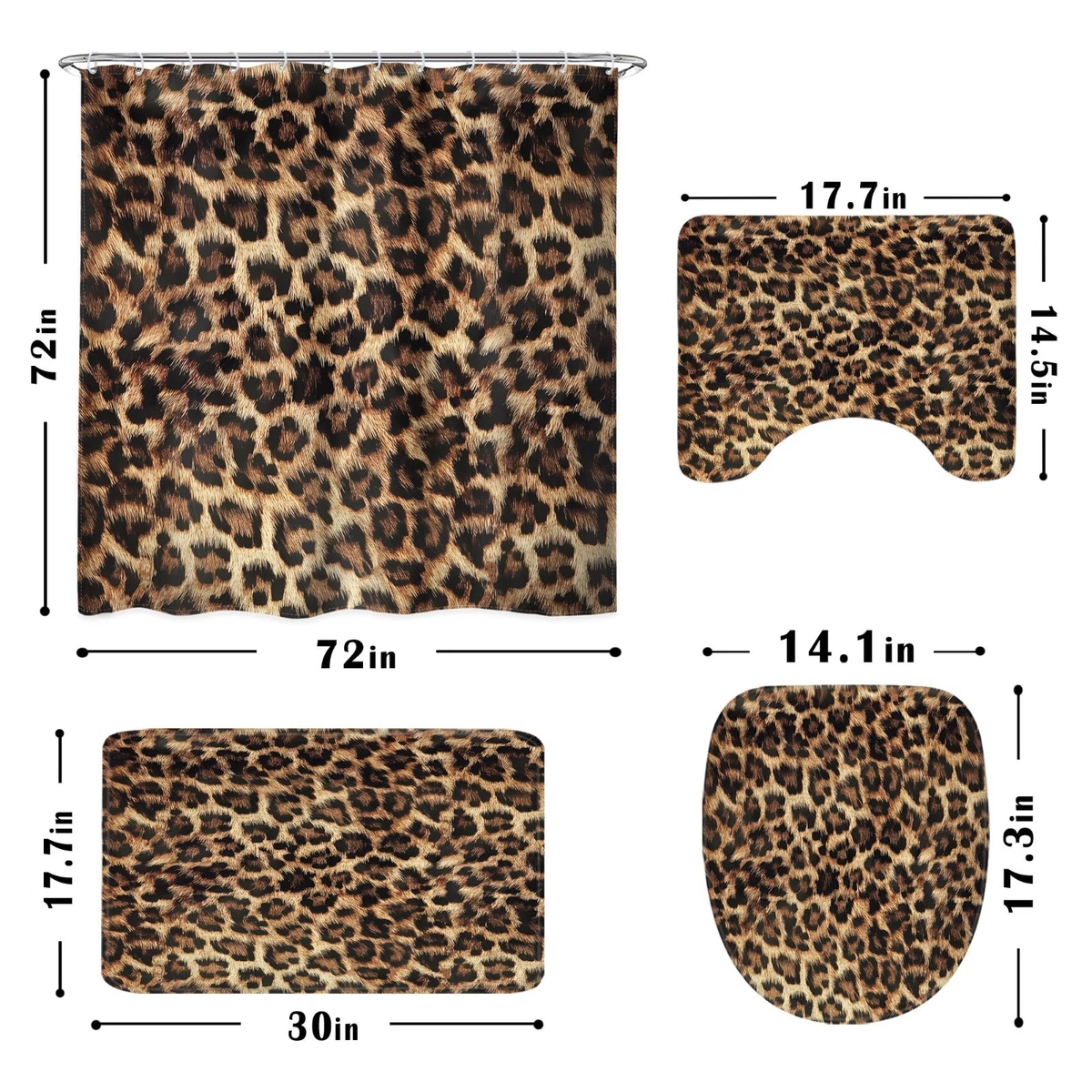 Leopard Print Shower Curtain Set 4 PCS, 72"x72", Toilet Lid Cover, Non-Slip Rugs