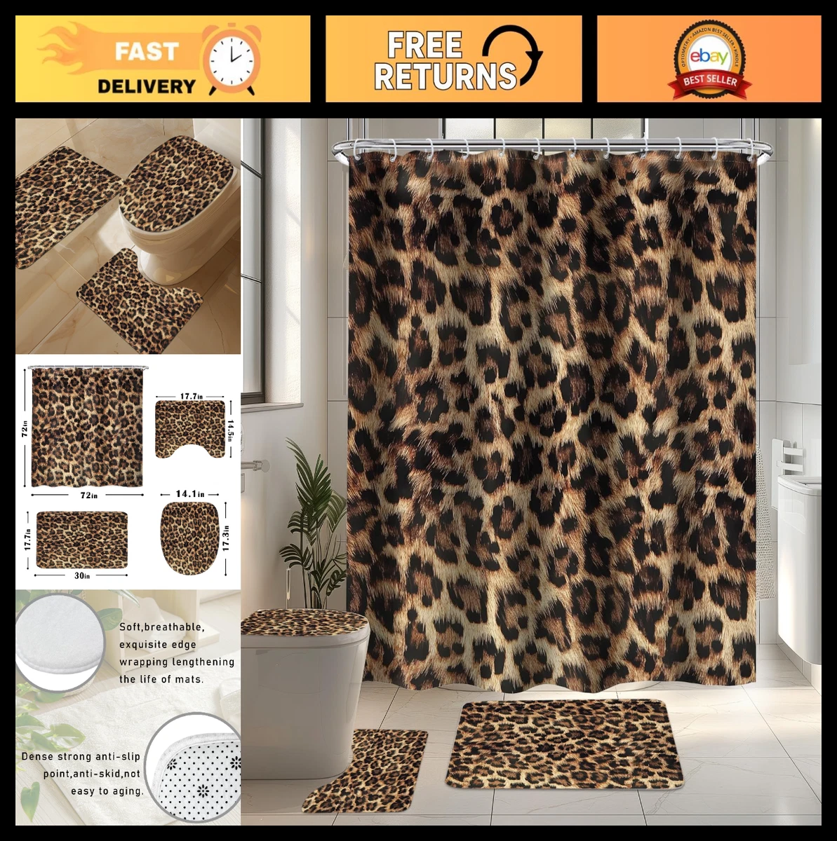 Leopard Print Shower Curtain Set 4 PCS, 72"x72", Toilet Lid Cover, Non-Slip Rugs