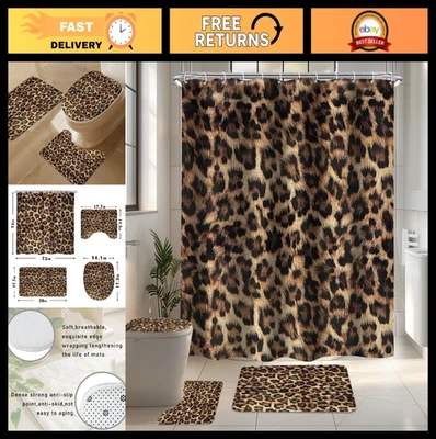 Leopard Print Shower Curtain Set 4 PCS, 72"x72", Toilet Lid Cover, Non-Slip Rugs