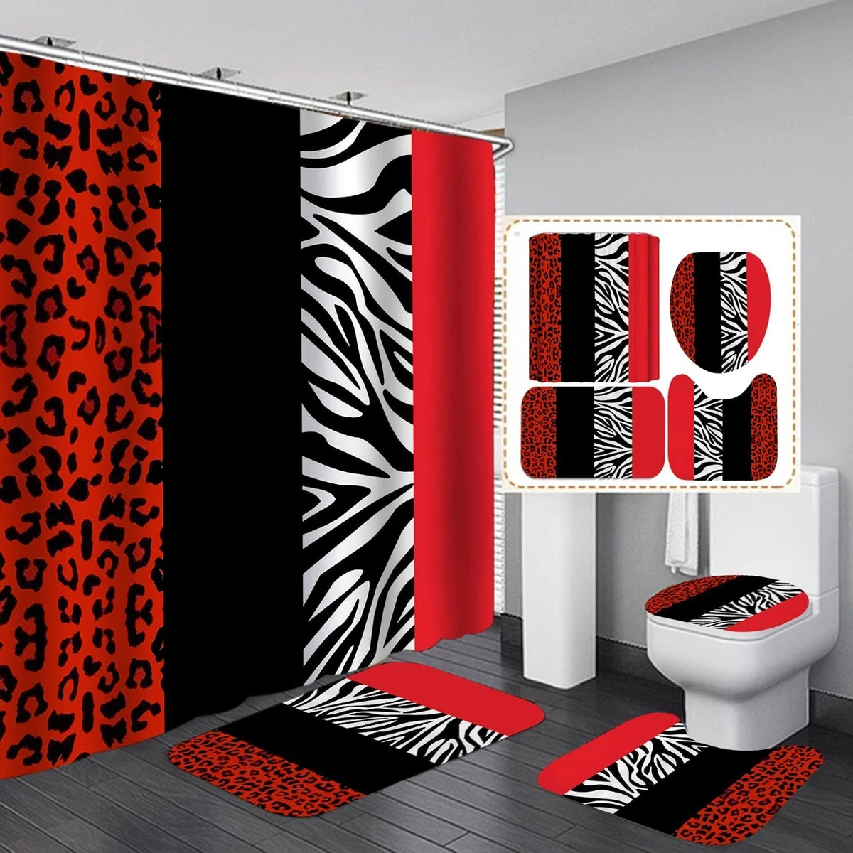 Leopard Print Shower Curtain Set - 4PCS with Rug, Toilet Lid Cover & Bath Mat, R
