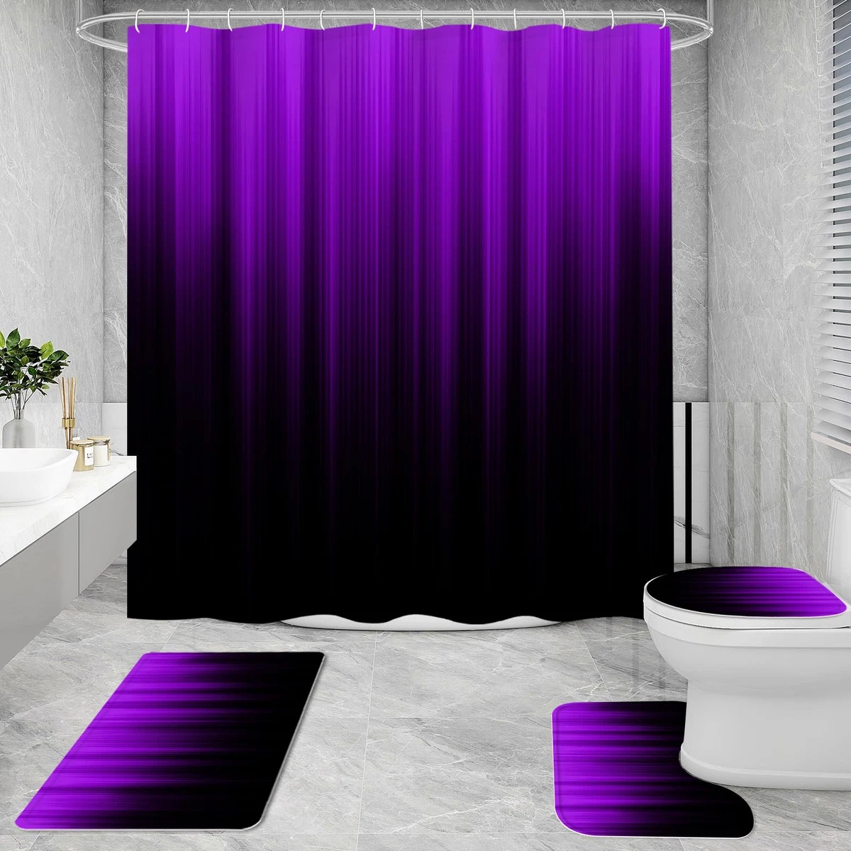 Litabel 4 Pcs Purple & Black Gradient Shower Curtain Set w/ Rugs & Toilet Cover