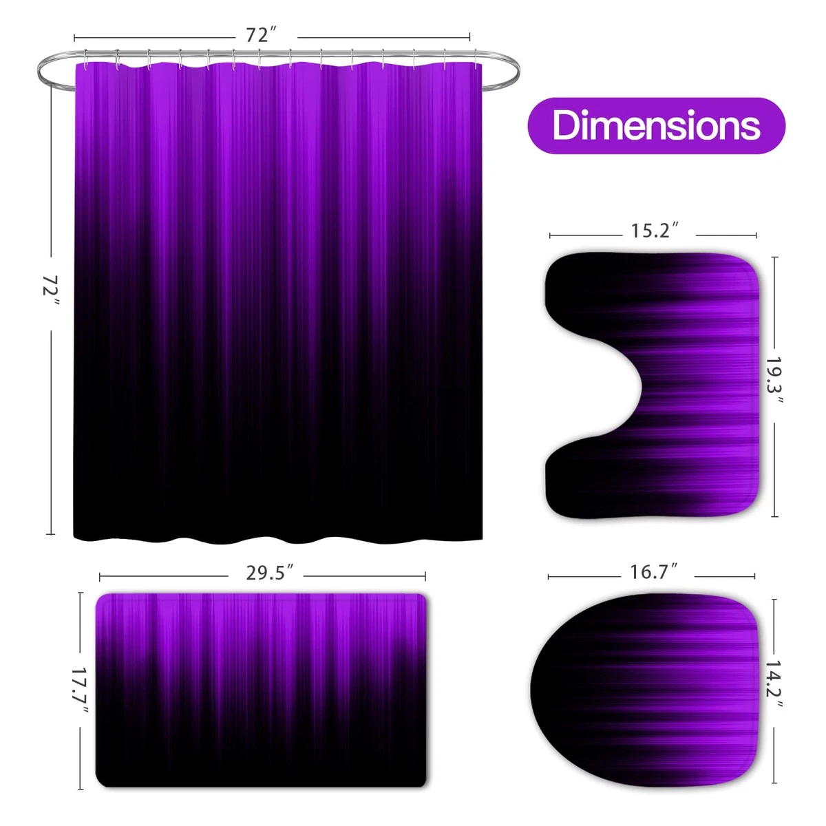 Litabel 4 Pcs Purple & Black Gradient Shower Curtain Set w/ Rugs & Toilet Cover