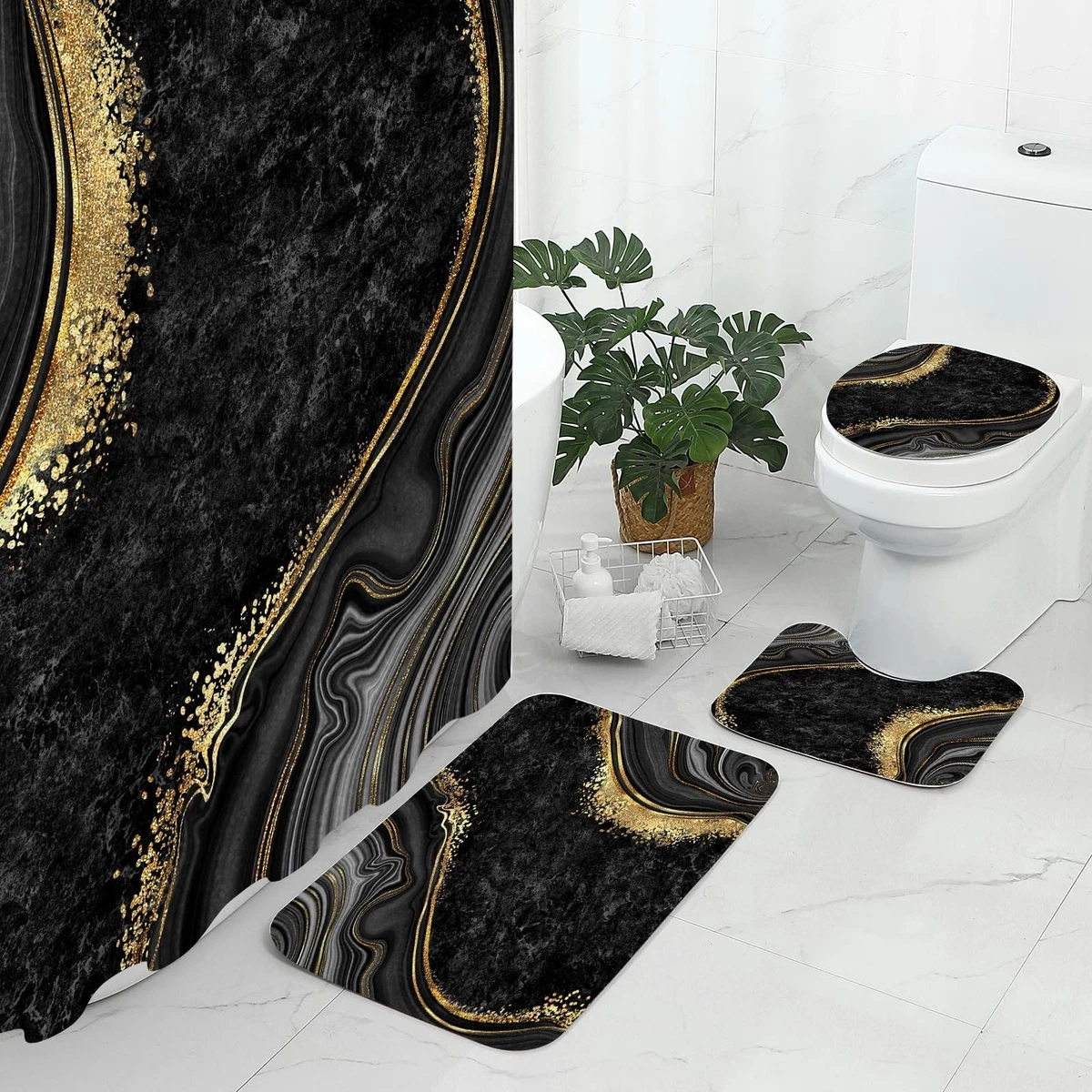 Luxury Marble Shower Curtain Set - 4 Pcs Non-Slip Rugs, Toilet Lid Cover & Bath