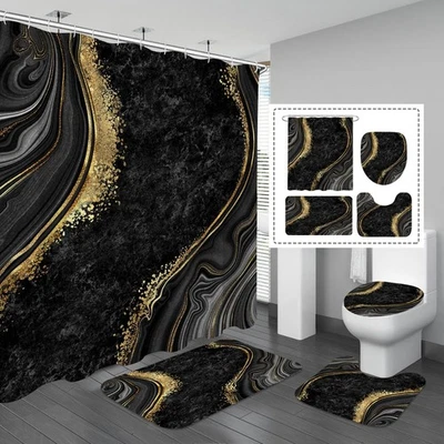Luxury Marble Shower Curtain Set - 4 Pcs Non-Slip Rugs, Toilet Lid Cover & Bath
