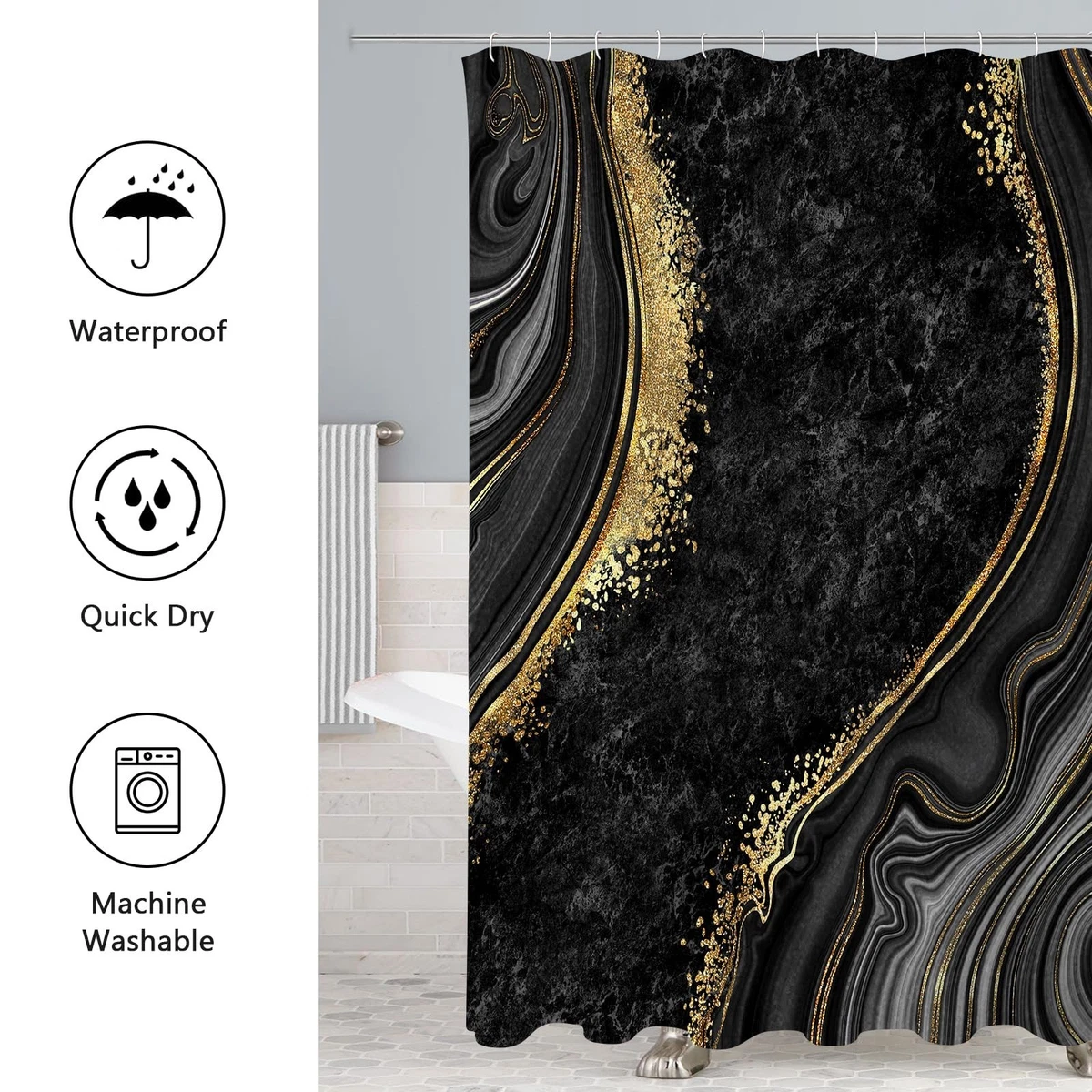 Luxury Marble Shower Curtain Set - 4 Pcs with Non-Slip Rugs & Toilet Lid Cover,