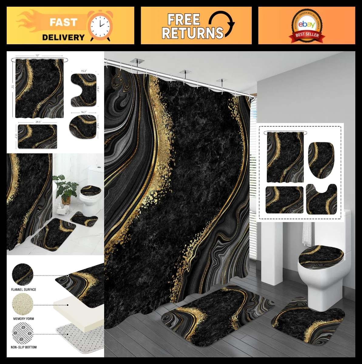 Luxury Marble Shower Curtain Set - 4 Pcs with Non-Slip Rugs & Toilet Lid Cover,