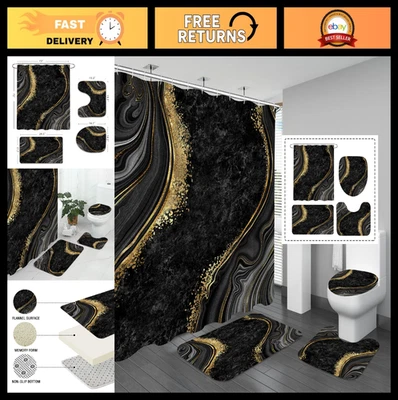Luxury Marble Shower Curtain Set - 4 Pcs with Non-Slip Rugs & Toilet Lid Cover,