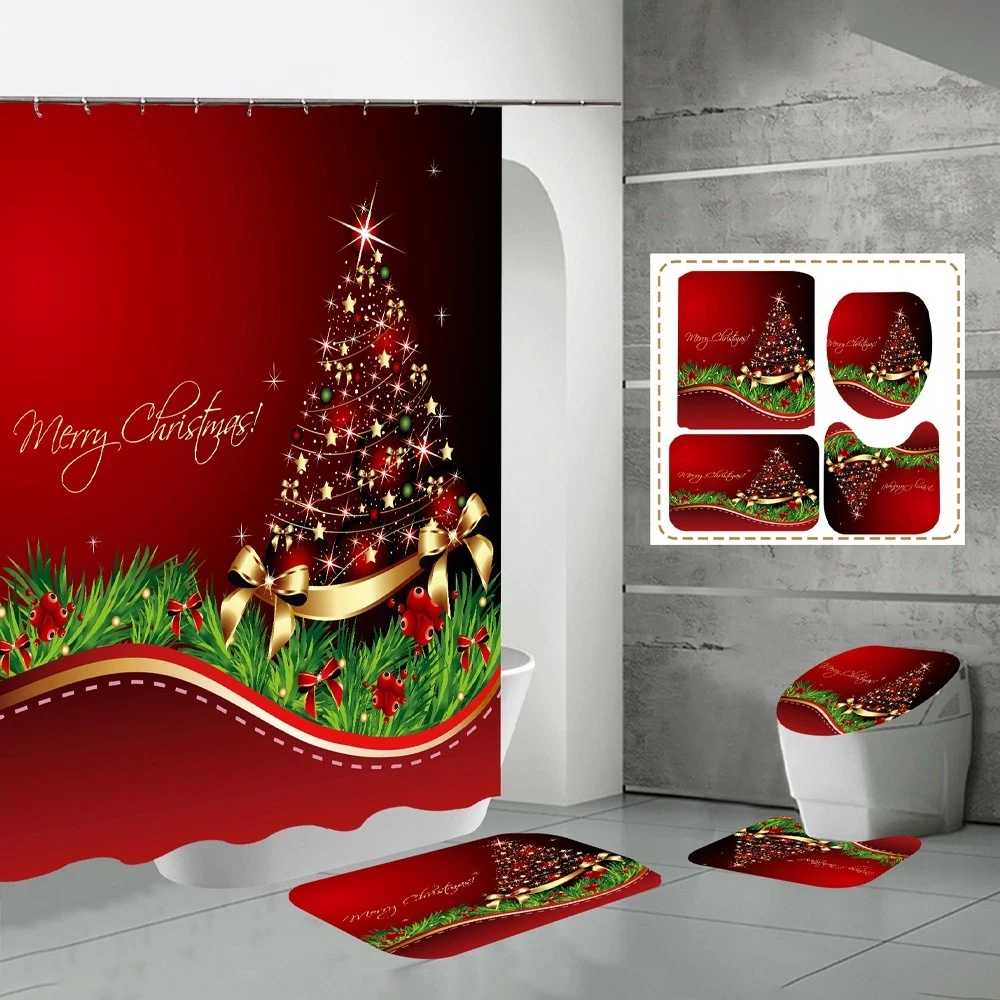 Merry Christmas 4PC Bathroom Set | Shower Curtain + Toilet Lid Cover + Bath Mat