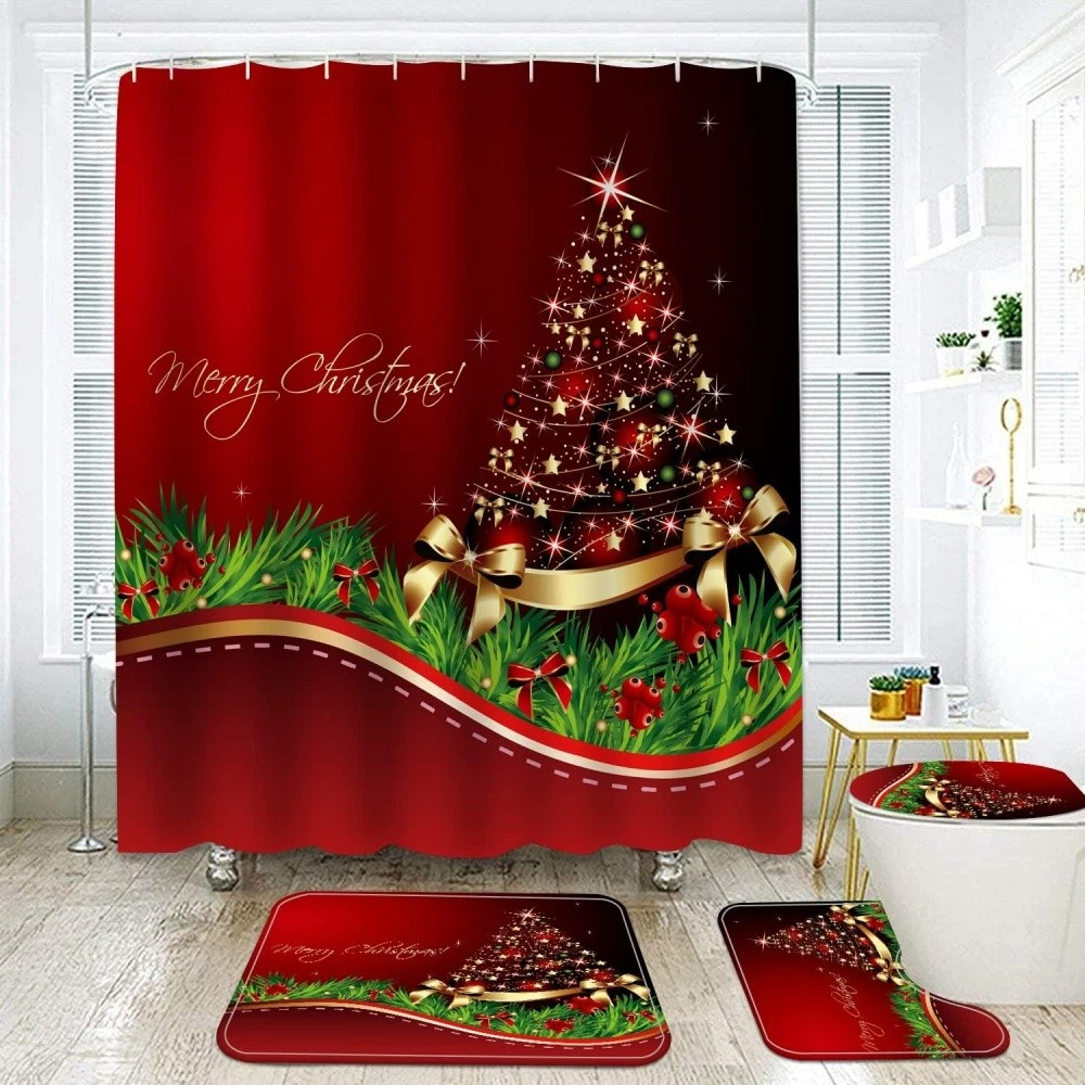 Merry Christmas 4PC Bathroom Set | Shower Curtain + Toilet Lid Cover + Bath Mat