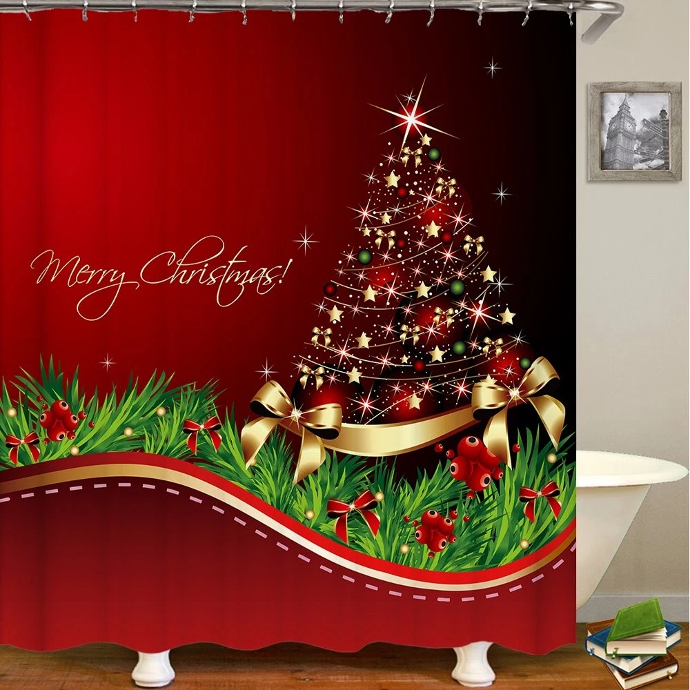 Merry Christmas 4PC Bathroom Set | Shower Curtain + Toilet Lid Cover + Bath Mat